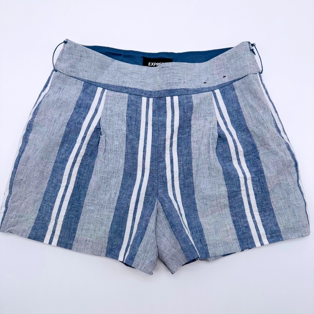 Express Shortie High Rise Blue White Striped Linen Blend Shorts Womens‎ 2